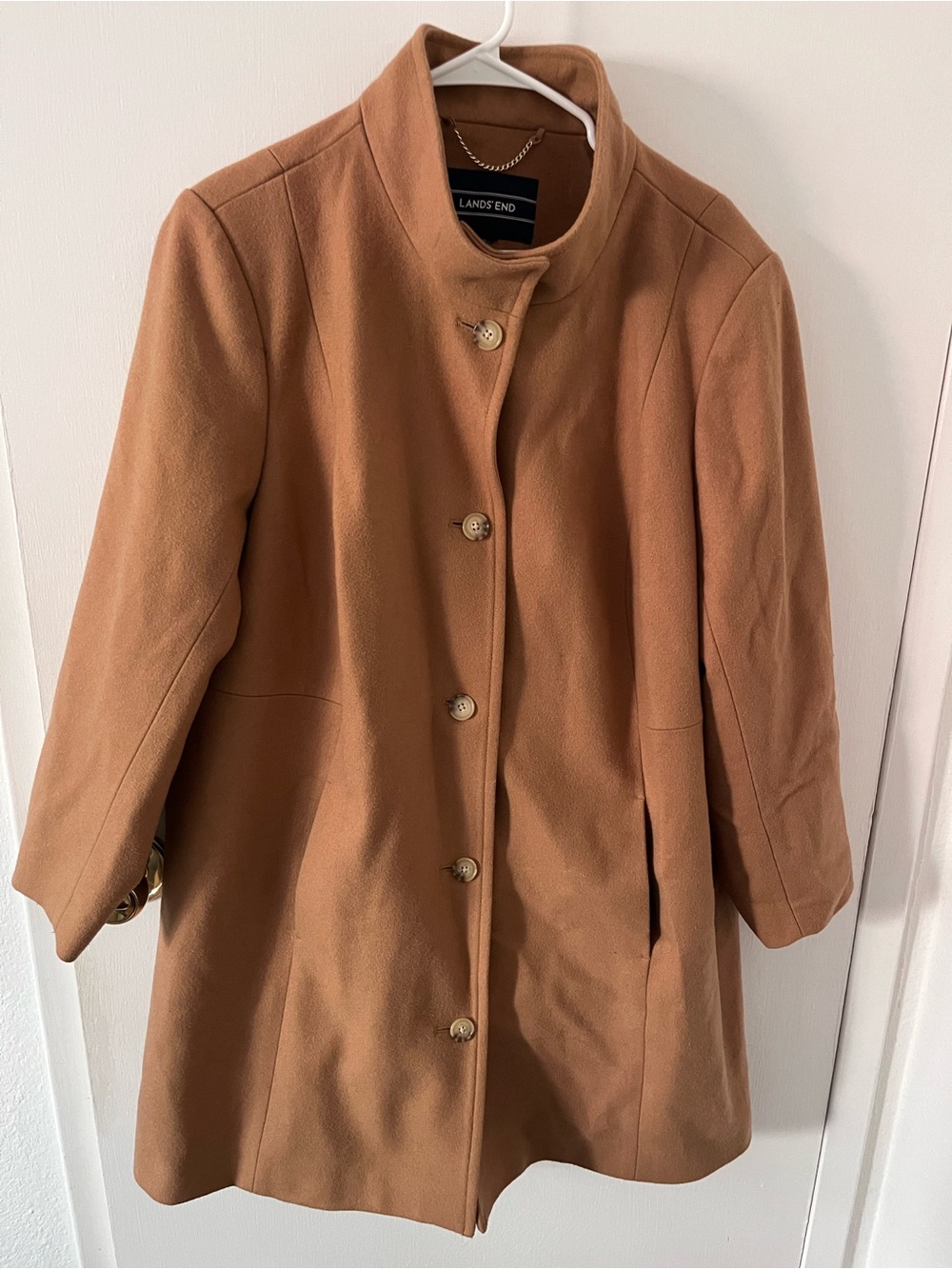 Lands End Women’s Camel Wool Pea Coat Mid Length Stand Collar 18W